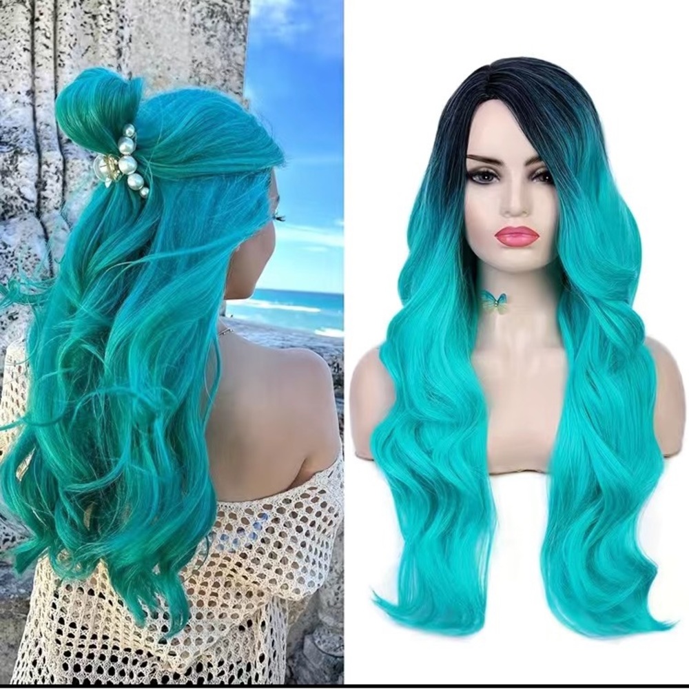 New two tone teal with dark root ombré mermaid wig